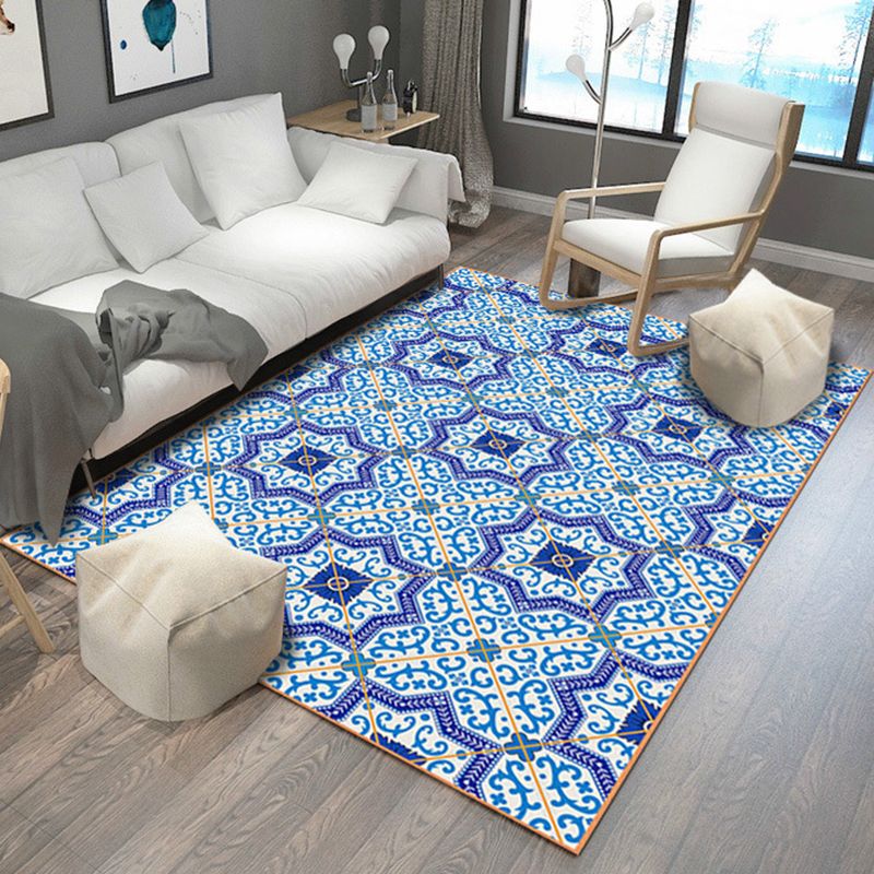 Blue Bedroom Rug Moroccan Flower Polygon Pattern Rug Polyester Machine Washable Carpet