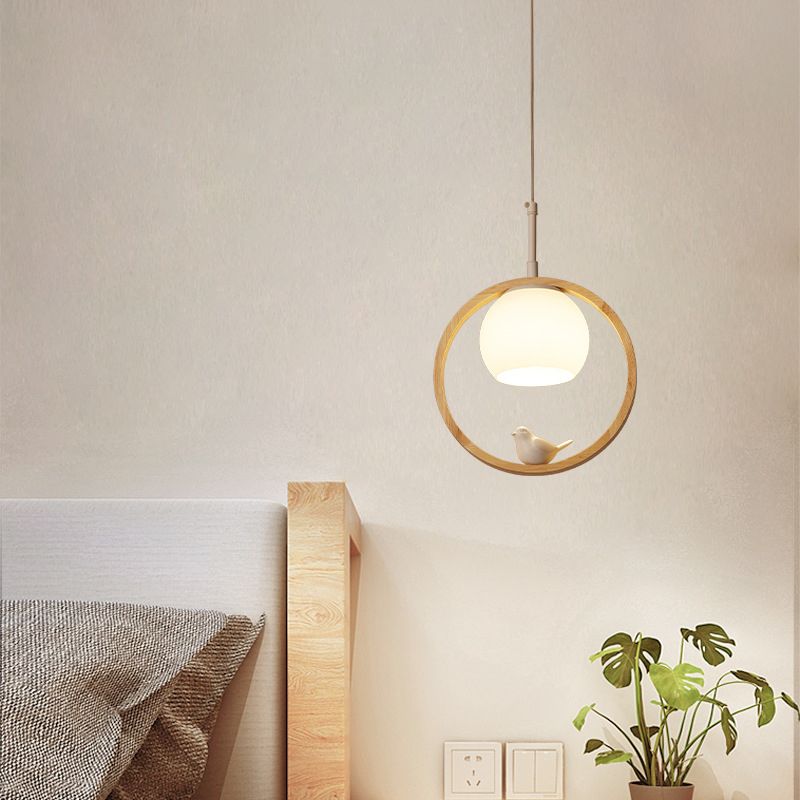 1 Luz de colgante ligero Lámpara de colgante de madera natural redonda contemporánea con pájaro pequeño