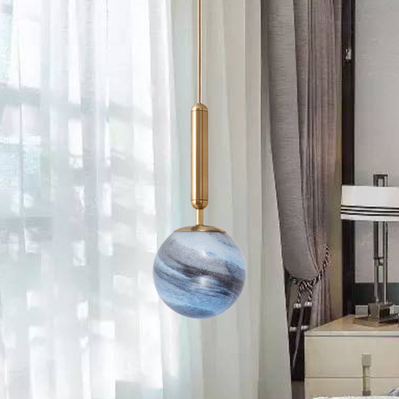 1-Bulb Bedroom Drop Lamp Modern Brass Pendant Lighting Fixture with Ball Tan/Blue Glass Shade