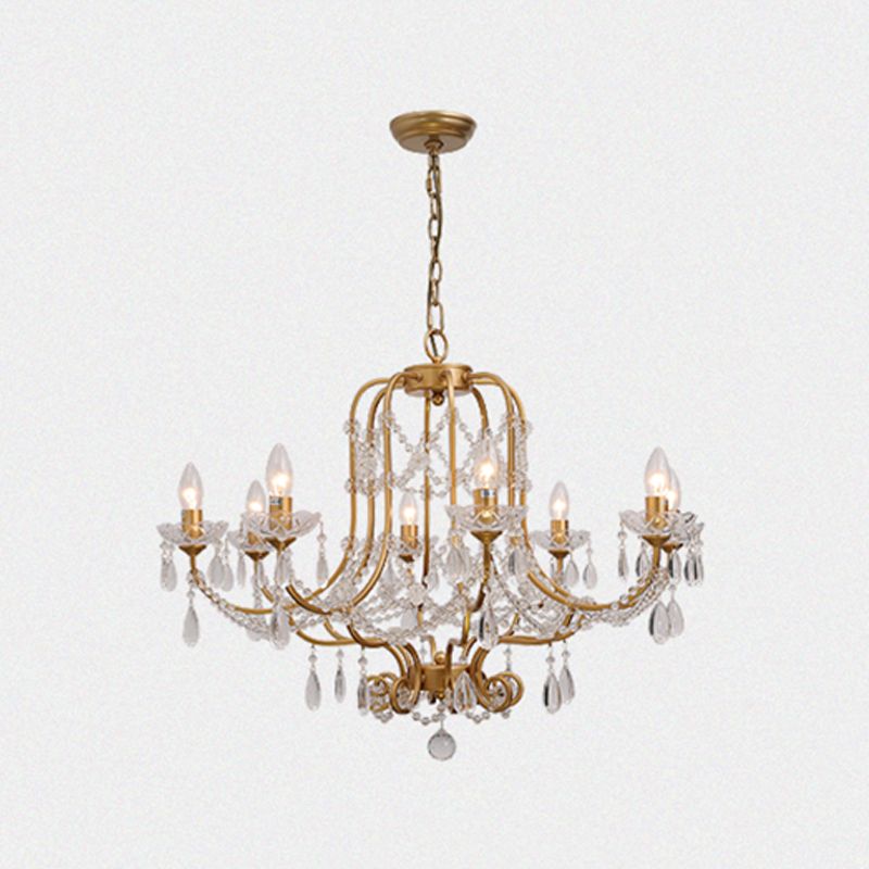 Gold Chandelier Lamp Vintage Metal Candle Suspension Pendant Light with Crystal Drop