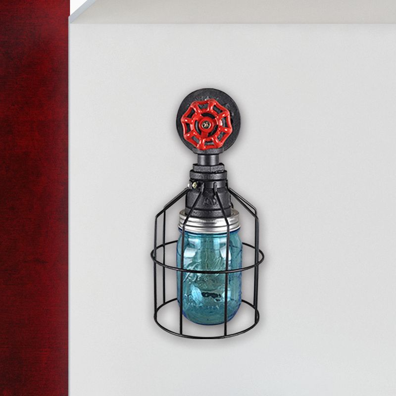 Vintage Caged Wall Light with Inner Jar Shade and Red Valve 1 Light Glass Sconce Lighting in Blue/Clear