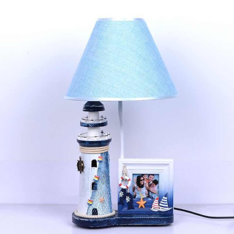 Lámpara de madera de faro Niños 1 bombilla Luz de mesa azul con sombra de tela y marco de fotos