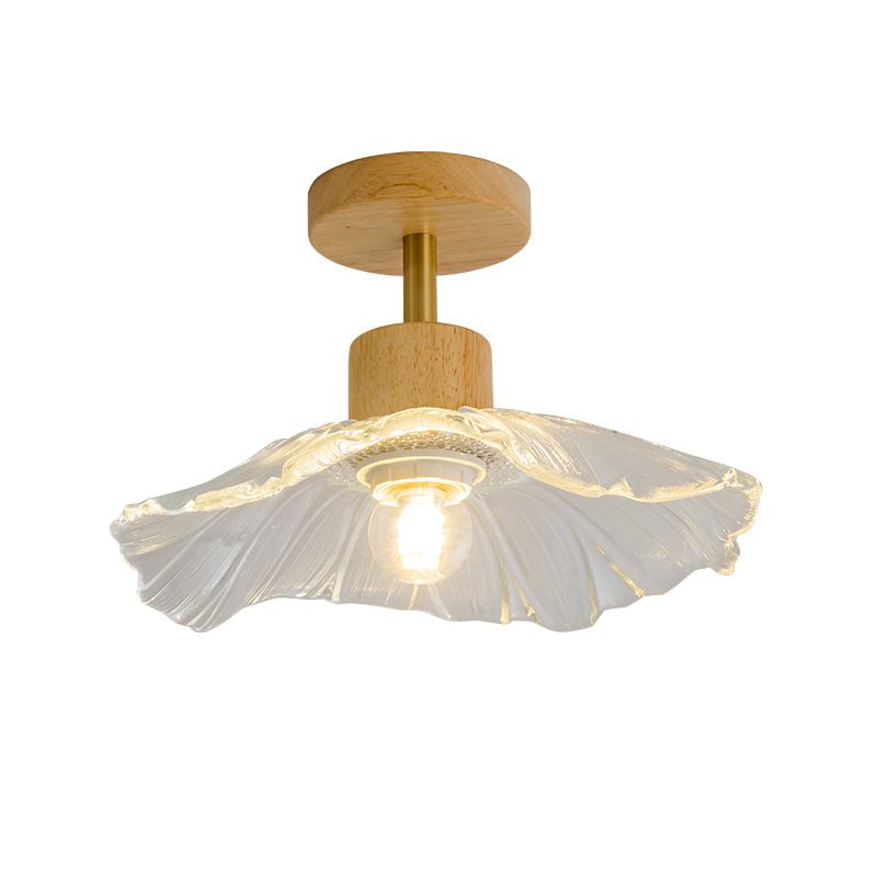 Modern Ceiling Lamp Wooden Flush Mount Light Fixture with Glass Shade for Bedroom
