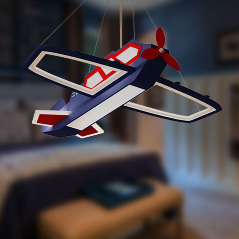 Dark Blue Plane Pendant Lighting Fixture Childrens LED Metal Chandelier for Bedroom