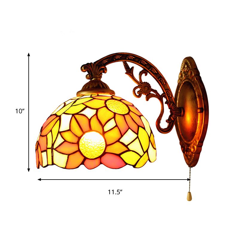 Rustic Tiffany Sunflower Wall Light with Engraved Arm 1 Head Stained Glass Wall Sconce for Living Room