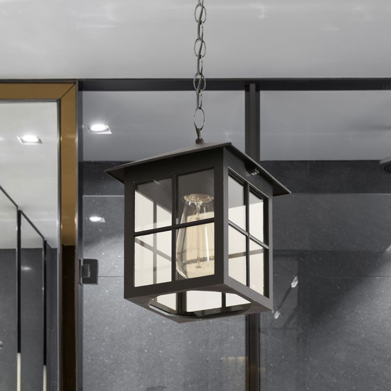 Cuboid Clear Glass Hanging Light Farmhouse 1 Bulb Courtyard Pendulum Lamp in Black/Bronze