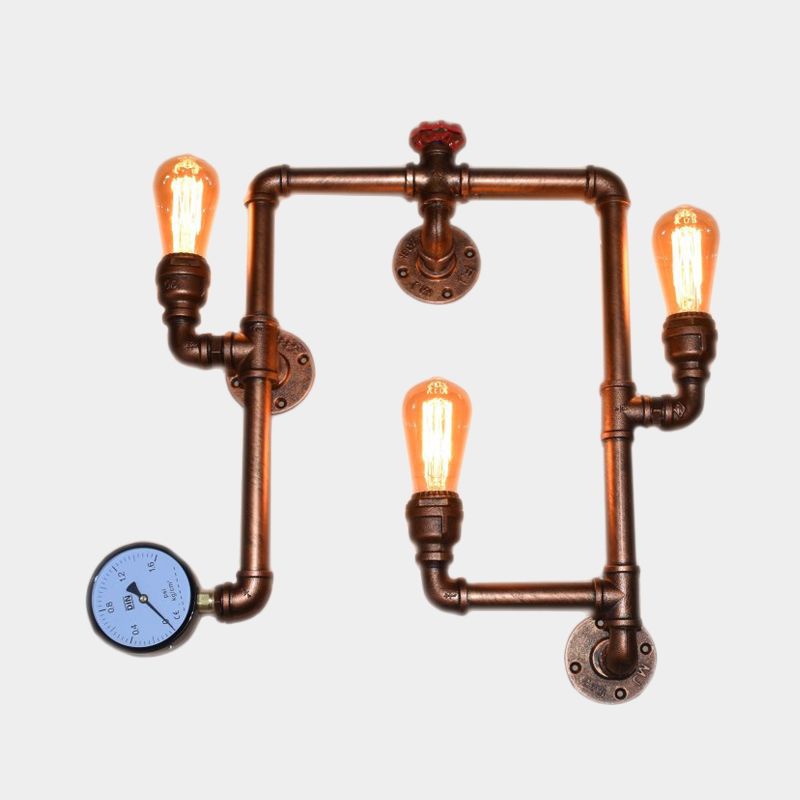 3-Head Iron Sconce Light Industrial Copper Finish Twisted Living Room Wall Mount Pipe Lamp with Gauge Deco