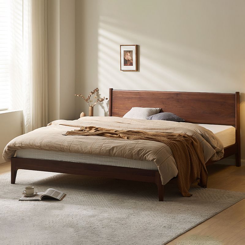 Solid Wood Standard Bed in Brown Panel Bed with Rectangular Headboard