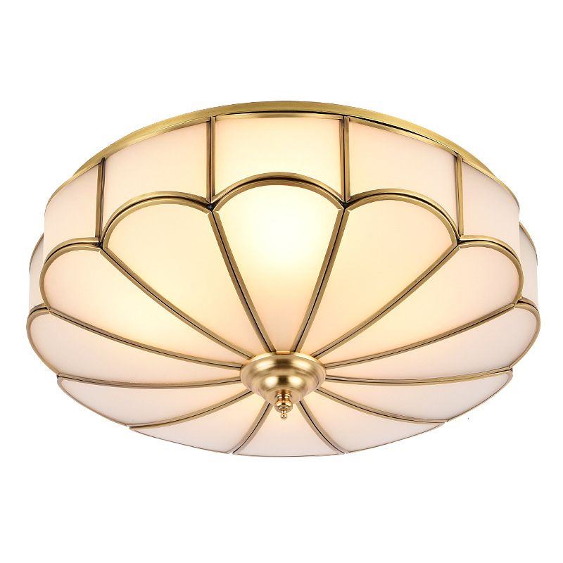 Flush Mount Ceiling Fixture Traditional Bedroom Flush Ceiling Light Fixture with Flower Glass Shade in Brass