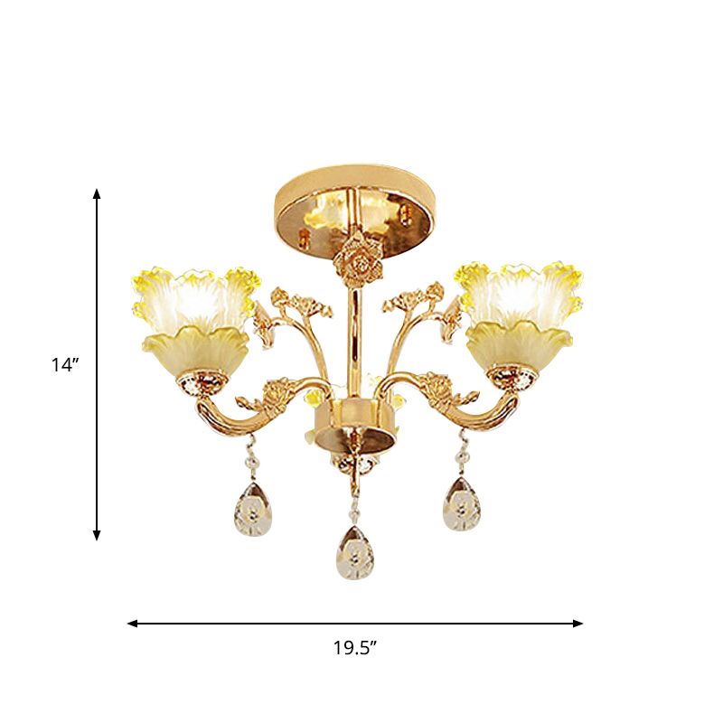 3-Light Semi Flush Mount Light Classic Dining Room Ceiling Lighting with Lotus Crystal Shade in Gold