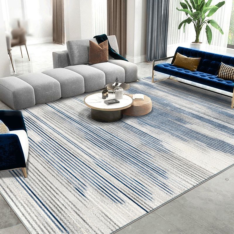 Blue Stripe Pattern Rug Polyester Modernist Rug Machine Washable Anti-Slip Backing Rug for Sitting Room