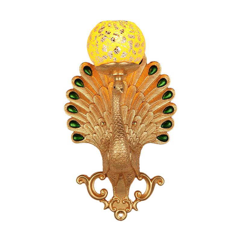 Country Bubble Wall Lighting 1 Light Crackle Glass Wall Mounted Lamp with Peacock Detail in Gold