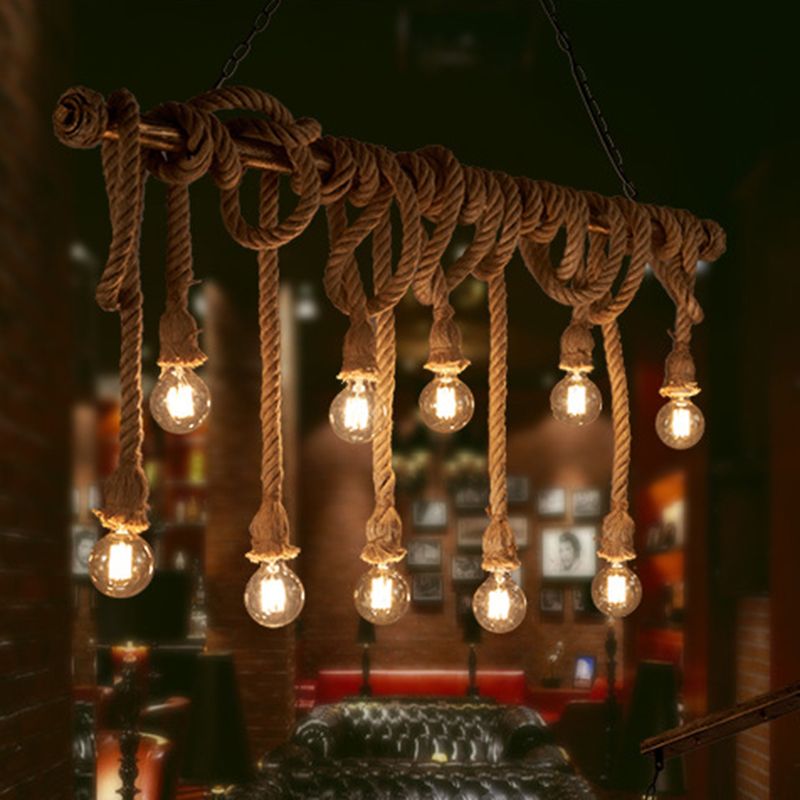 Vintage Hemp Rope Chandelier Industrial Retro Linear Exposed Bulb Pipe Pendant for Restaurant