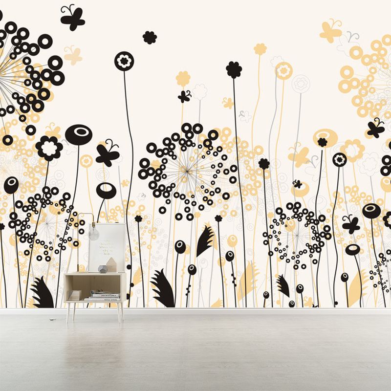 Black-Yellow Dandelion Wall Murals Moisture Resistant Modernist Bedroom Wall Covering