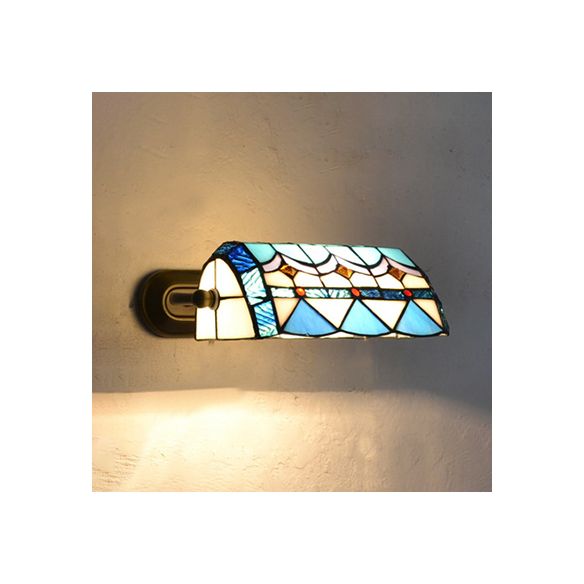 Banker Wall Light Retro Style Stained Glass 1 Light Wall Mount Fixture in Beige/Blue for Bedside