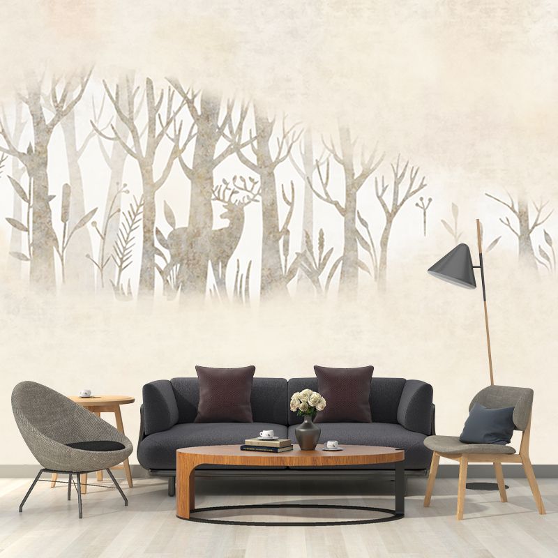 Beige Creative Wall Covering Murals Customized Wild Deer and Foggy Mirror Wall Art for Home Decor