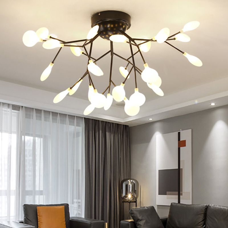 Simplistic Tree Branch LED Semi Flush Mount Metallic Living Room Close To Ceiling Chandelier in Black