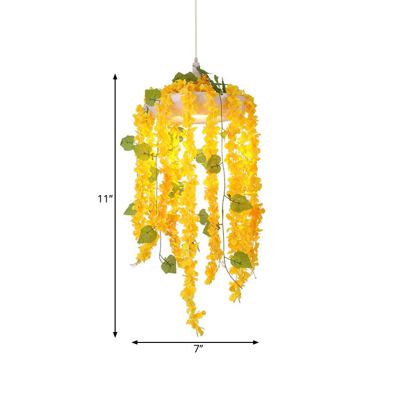 Yellow 1 Head Drop Pendant Industrial Metal Donut Hanging Ceiling Light with PVC Floral Deco