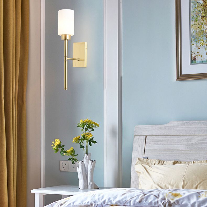 Contemporary Sconce Lights Brass Arm Wall Light for Hotel Bedroom in White Glass Shade