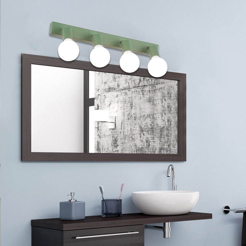 Green Linear Vanity Mirror Light with Open Bulb Macaron Style 4 Heads Metal Wall Lighting for Bathroom