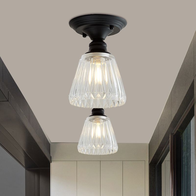 Luminaire semi-encastré à une lumière ondulée/large évasée, luminaire industriel en verre texturé transparent noir