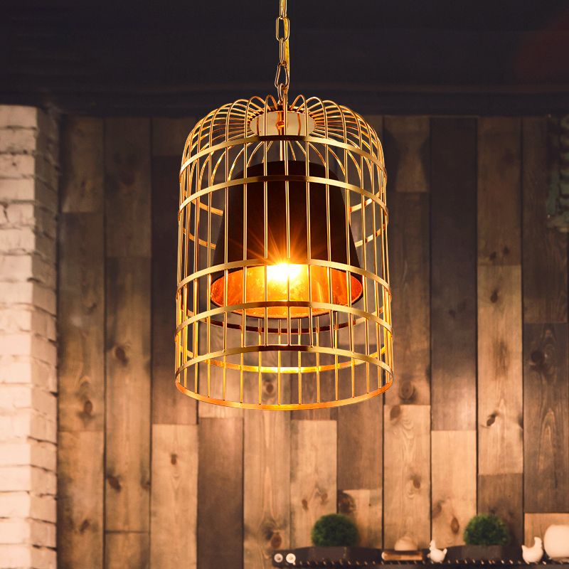 Bird Cage Dining Room Pendant Light Vintage Metal 1 Light Red/White Hanging Lamp with Tapered Fabric Shade