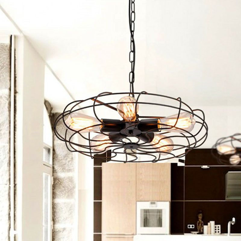 Retro Style Fan Cage Chandelier Pendant Light 5 Heads Iron Hanging Light in Black
