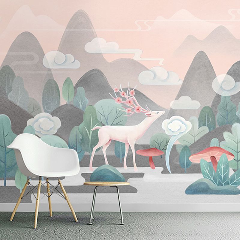 Contemporary Grey and Green Mural with Deer and Mountain Pattern for Commercial Use, Non-Woven Material