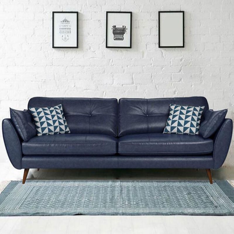 Genuine Leather Flared Arm Sofa Modern Jewel-tuft Wood Legs Sofa