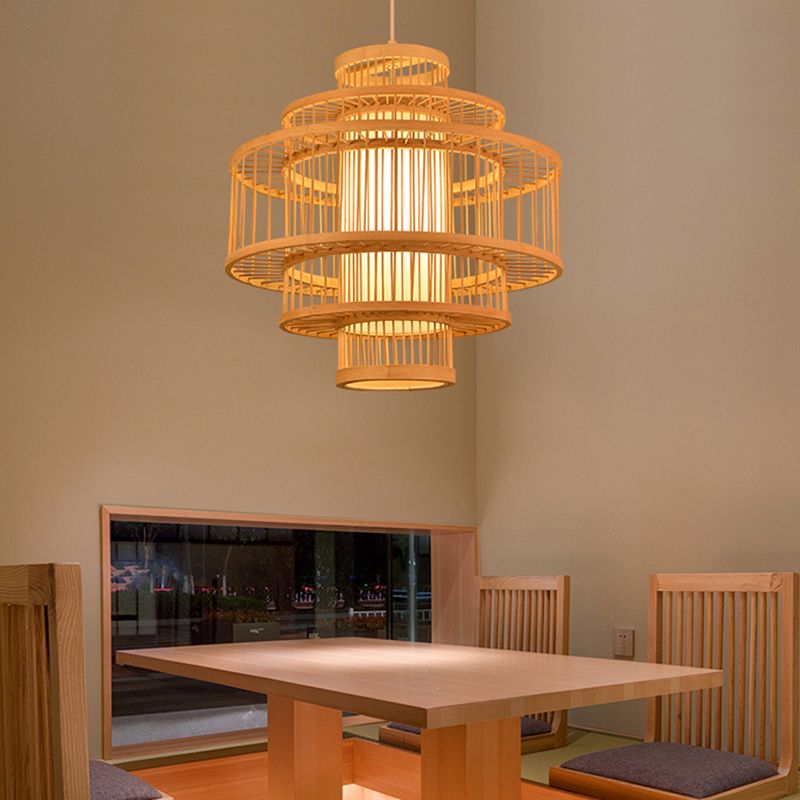 1-Light Chinese Style Bamboo Pendant Light Geometric Hanging Pendant for Restaurant