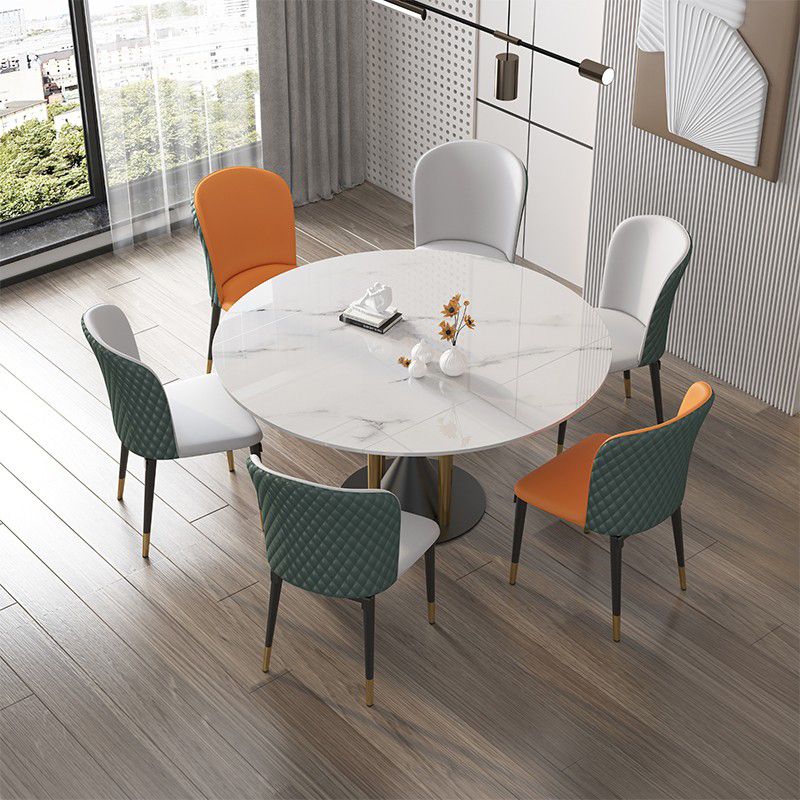 Round Dining Table with Leaf Extension Modern Stone White Top Pedestal Table