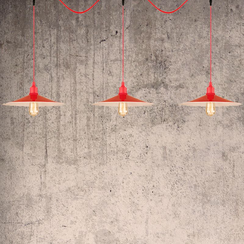 Industrial Style Flared Hanging Lamp 3/5 Lights Metallic Hanging Light Fixture in Red for Kitchen