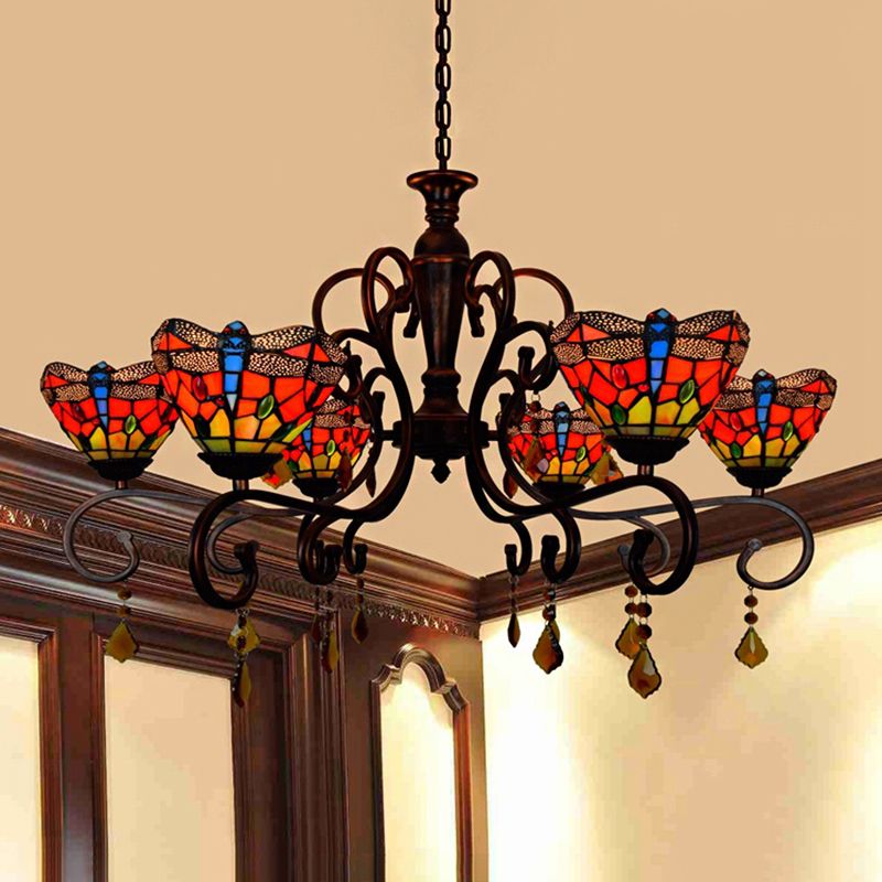 Tiffany Dragonfly Chandelier Stained Glass 6 Lights Stunning Hanging Pendant in Red
