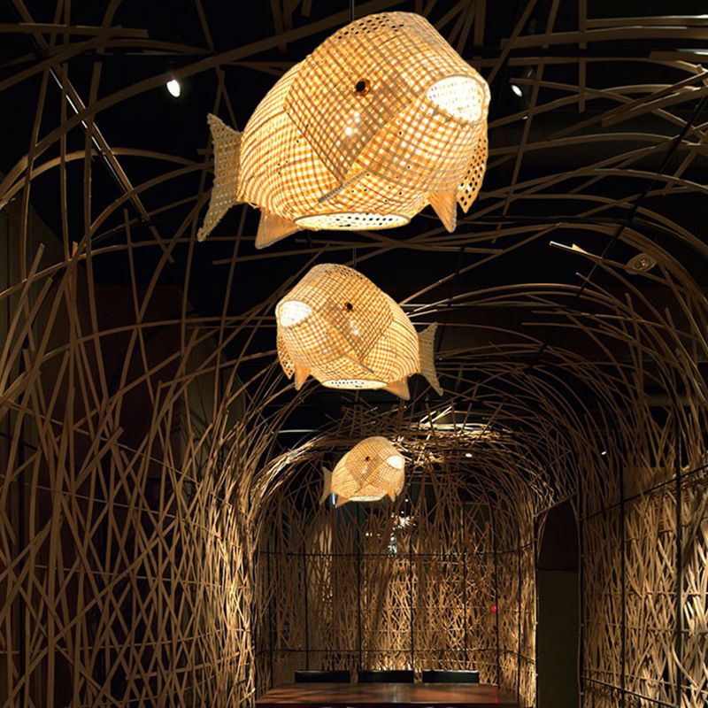 Beige Fish Shaped Suspension Pendant Modern 1 Light Bamboo Ceiling Light for Restaurant