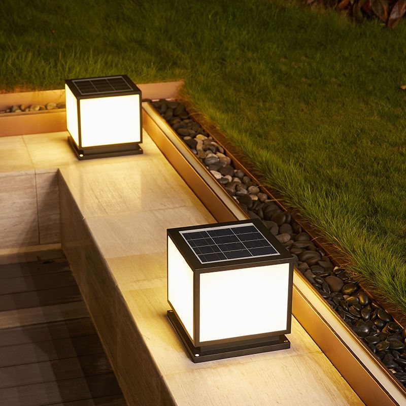 Metal Square Shape Pillar Lamp Modern Style 1 Light Solar Outdoor Light in Black