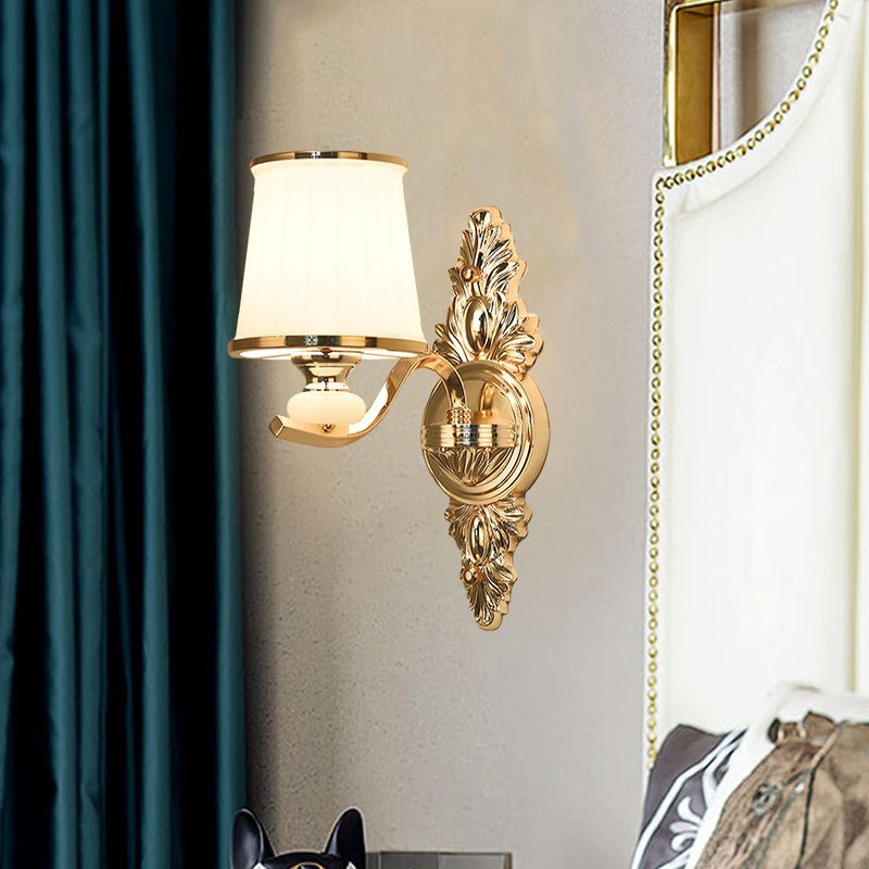 Cone Bedroom Wall Light Fixture Traditional White Glass 1/2-Bulb Chrome/Gold Finish Wall Sconce with Carved Backplate