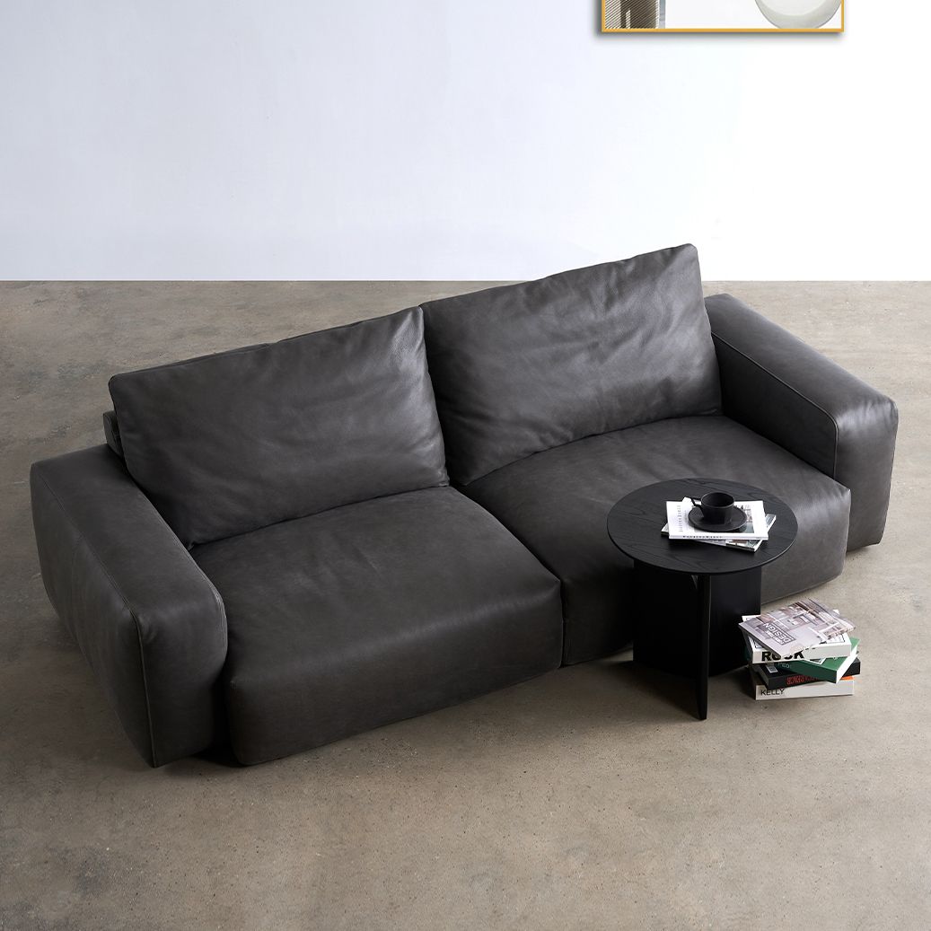 Mid Century Modern Sofa Leather Square Arm Sofa in Deep Grey