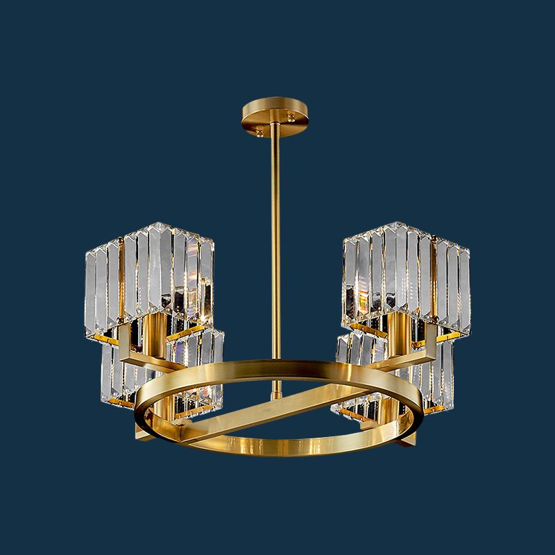 4/8/10-Bulb Crystal Rectangle Pendant Lamp Postmodern Gold Circular Dining Room Chandelier