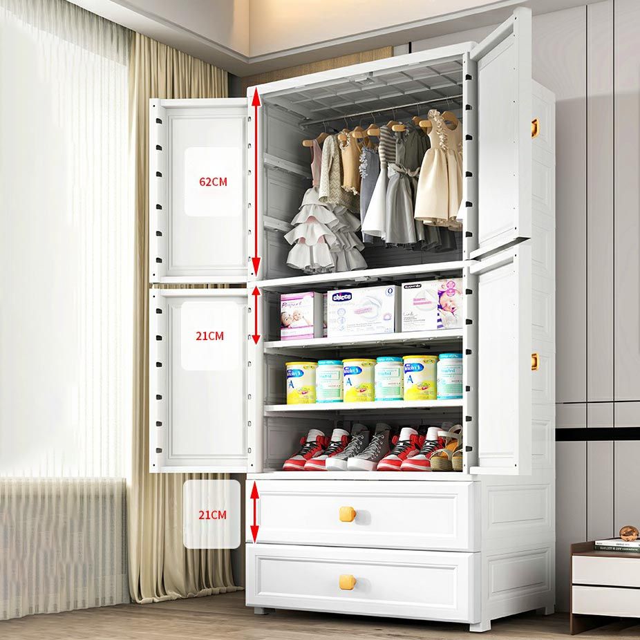 White Plastic Armoire, 2-Door Wardrobe With 2-Drawers and Clothing Rod