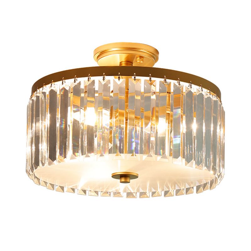 Crystal Drum Flush Mount Simplicity 3 Lights Dining Room Ceiling Lamp in Gold/Silver/Black