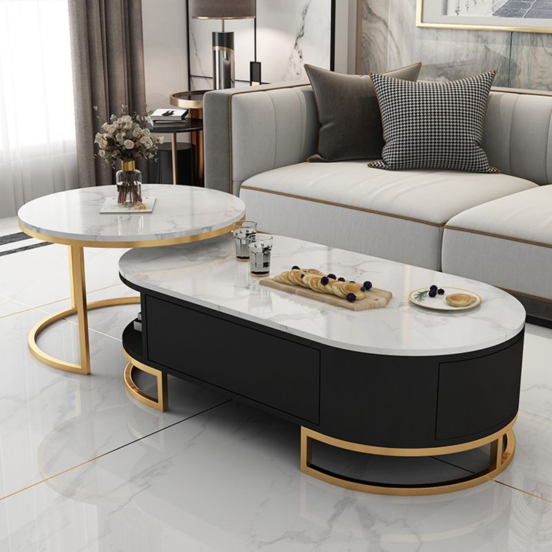 White Glam Pedestal Base Coffee Table with Stone Top and Metal Base