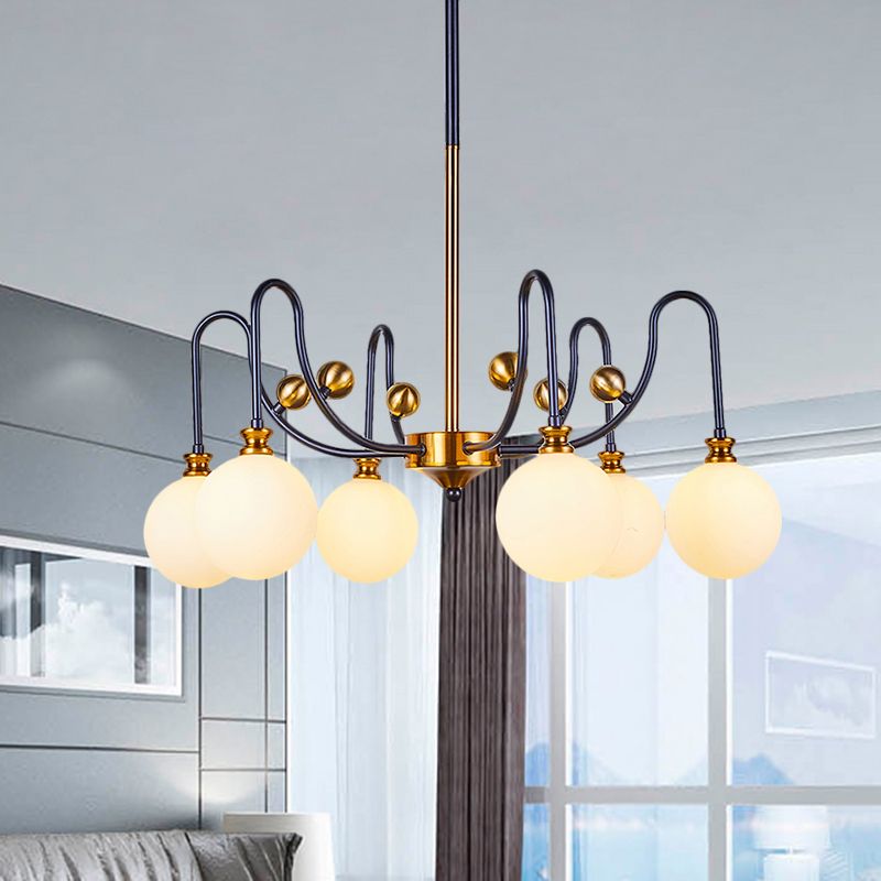 Spherical Down Lighting Modernist Opal Glass 6/9 Bulbs Black-Gold Curvy Arm Pendant Chandelier for Living Room