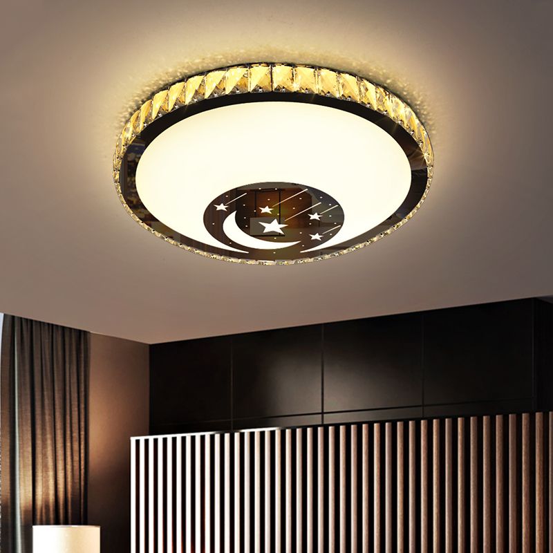 Chrome LED Circular Flush Lamp Simplicity Crystal Block Ceiling Mounted Light with Star and Moon Design