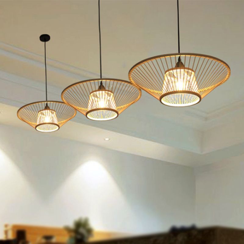 Bamboo Hand-Made Ceiling Lamp with Saucer Shade Modern 1-Light Beige Pendant Lamp for Dining Room