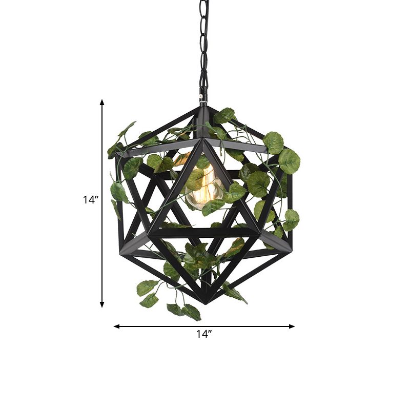 Metal Geometric Pendulum Light Industrial 1 Bulb Restaurant Ceiling Pendant in Black with Fake Vine