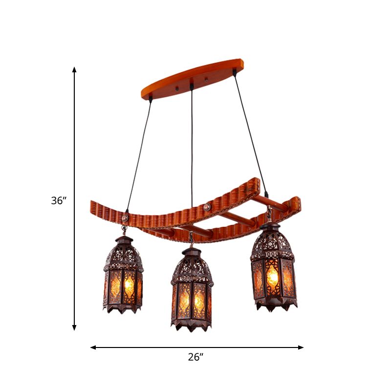 Wood Lantern Pendant Chandelier Arab Metal 3 Bulbs Dining Room Ceiling Suspension Lamp