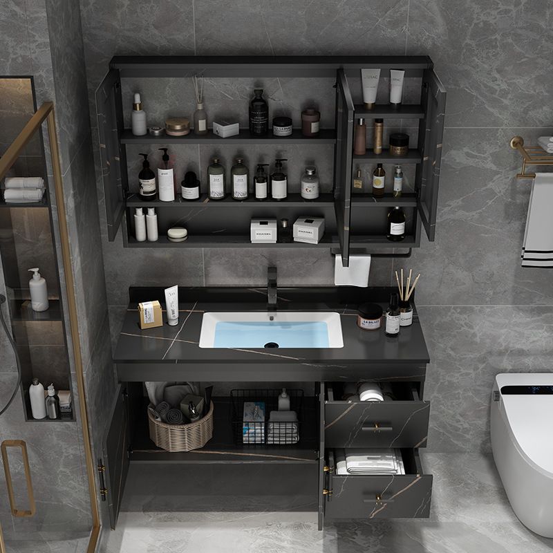 Stone Top Vanity Set Single Sink Mirror Drawers Wall-Mounted Rectangle Vanity with 2 Doors
