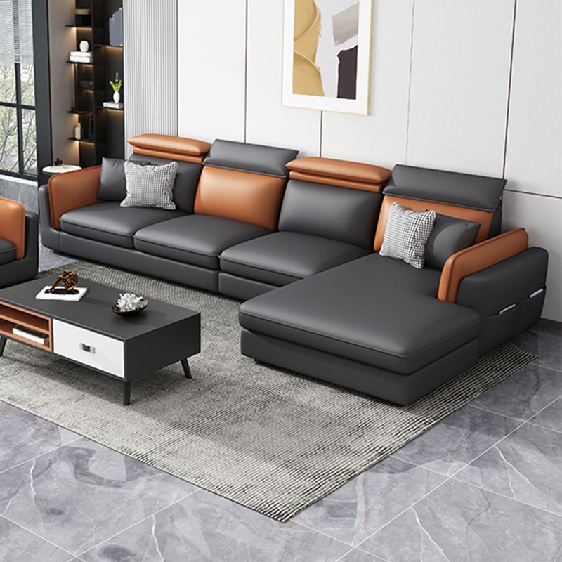 Scandinavian Dark Gray Cushion Back Faux Leather Storage Sofa & Chaise