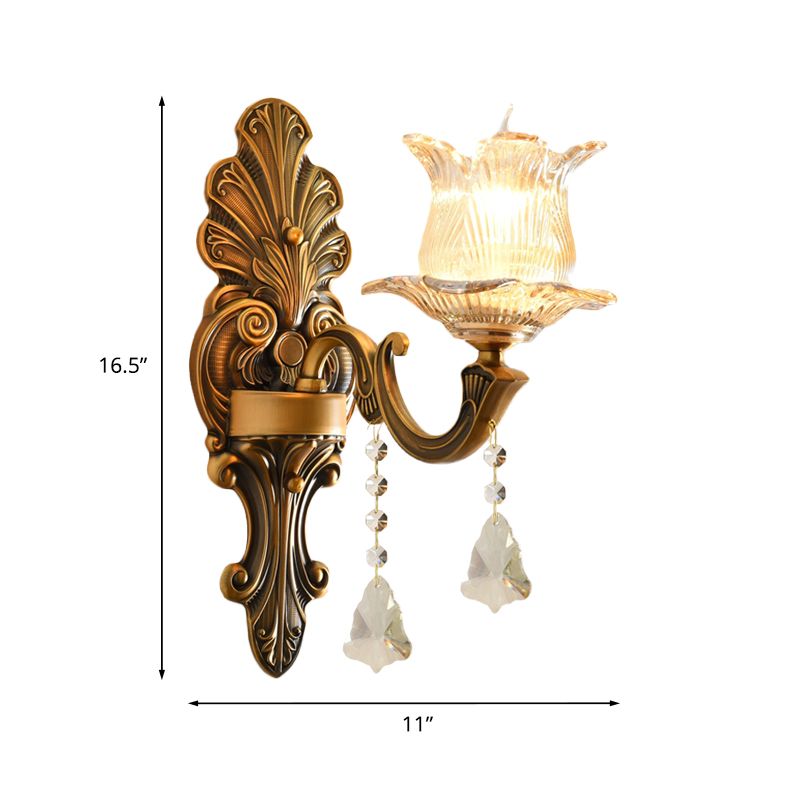 Brass Single-Bulb Wall Sconce Traditional Ribbed Glass 2 Layers Floral Wall Mounted Lighting