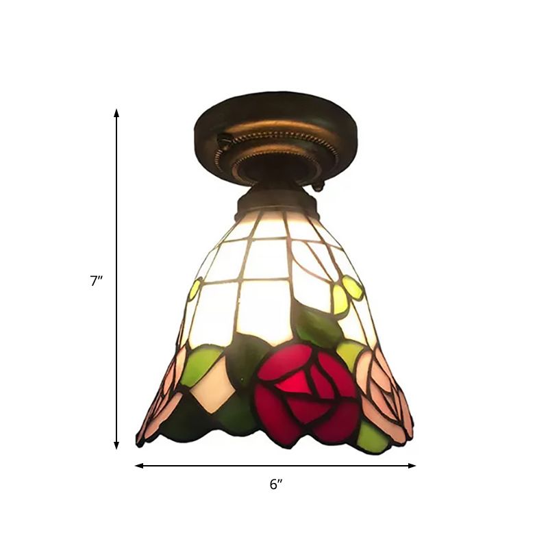 1-Head Flower/Bird/Phoenix Flower/Pink Rose/Red Rose Ceiling Mount Light Tiffany Rustic Stained Glass Ceiling Lamp in Black for Cloth Shop
